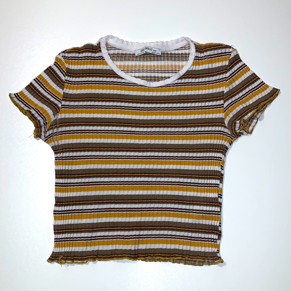 Zara TRF Striped Ribbed Ruffle Hem Short Sleeve Crop Top